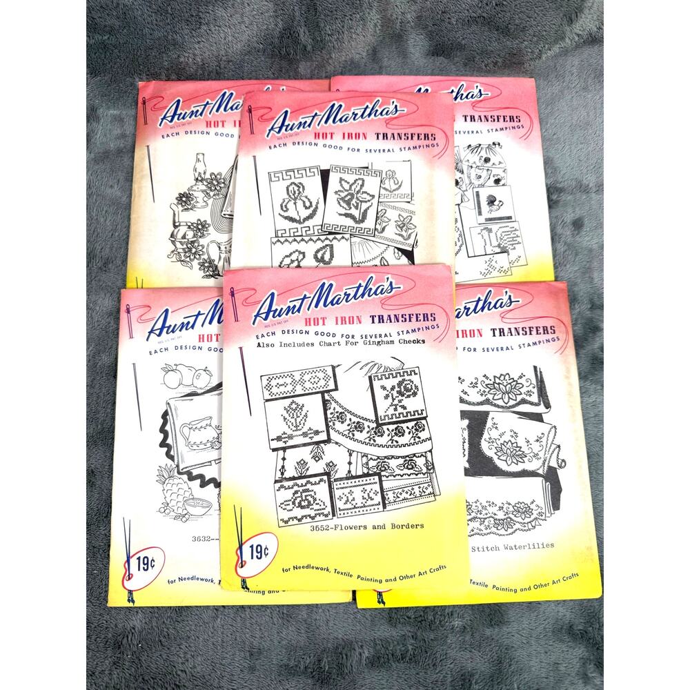 Vintage Aunt Martha’s Hot Iron Transfer Lot 6 Sealed NOS Embroidery Patterns 50s